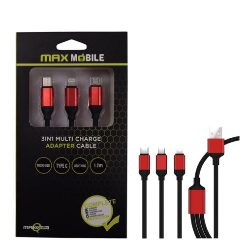 MAX MOBILE Adatkábel 3 az 1-ben Micro USB/USB-C/Lightning 1,2 m