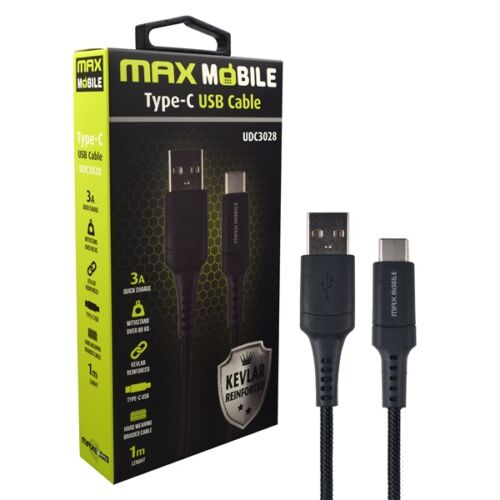 MAX MOBILE Adatkábel UDC3028 USB-USB-C, 1 m, Kevlár, Fekete
