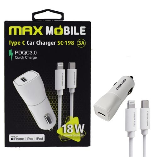 MAX MOBILE Autós Töltő SC198 2 az 1-ben USB-C+Lightning, QuickCharge 3.0