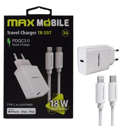 MAX MOBILE Hálózati Töltő TR-207, 1xUSB-C, QuickCharge 3.0, 3 A, 18W, USB-C-Lightning kábel, fehér