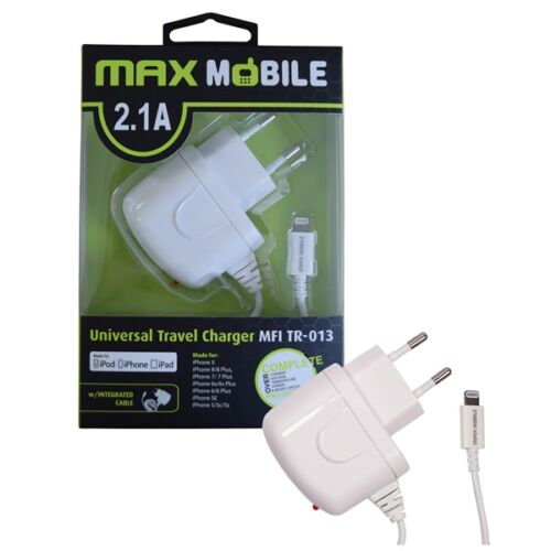 MAX MOBILE Hálózati Töltő beépített lightning kábel, 2,1 A, fehér
