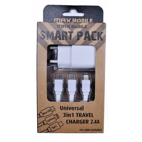 MAX MOBILE Smart Pack Hálózati Töltő 3 az 1-ben, Micro USB/Type-C/Lightning