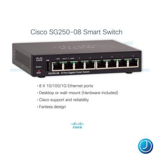 CISCO Switch 8x1000Mbps (POE+ Input) + 1xUSB, Fémházas, Asztali, Menedzselhető - SG250-08-K9-EU