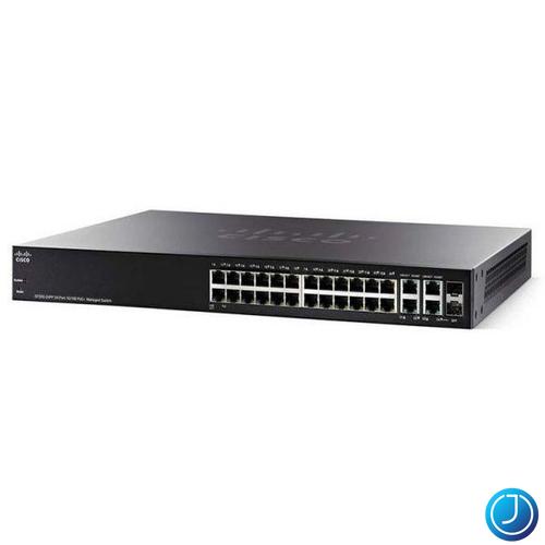 CISCO Switch 24x100Mbps (24xPOE+) + 2xGigabit kombó SFP + 2x1000Mbps SFP, Fémházas Rackes, Menedzselhető, SF350-24MP-K9-