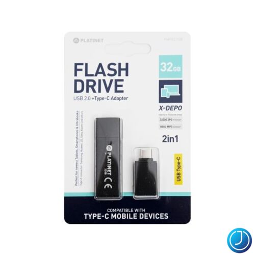 PLATINET Pendrive 32GB, X-Depo, USB 2.0 Fekete + Type-C átalakító