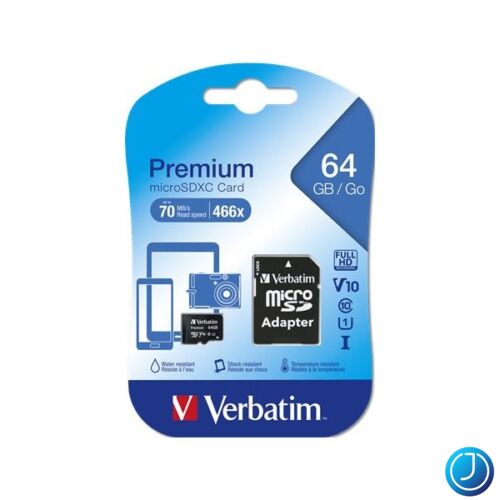 VERBATIM Memóriakártya, Micro SD, 64GB, Class 10, adapterrel