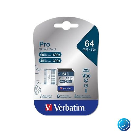 VERBATIM "PRO" Memóriakártya, SDXC, 64GB, Class 10 UHS-I, 90/45MB/sec